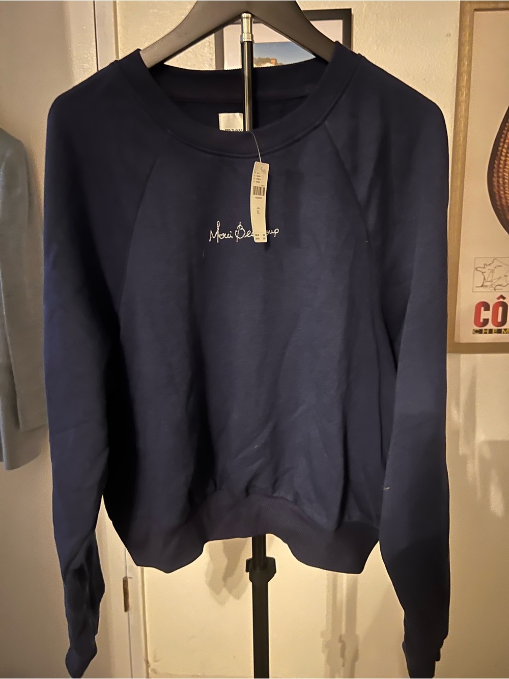 Maeve Navy Blue Merci Beaucoup script Pullover Sweatshirt.  Anthropologie